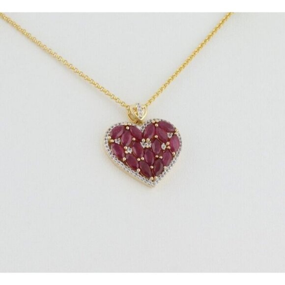 Gold Over Sterling Silver Simulated Ruby & White Topaz Heart Necklace 20" to 22" - Picture 1 of 7